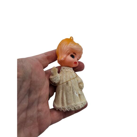 Vintage 1960s Flocked Blow Mold Style Christmas Ornament Little Girl Doll - Picture 2 of 5